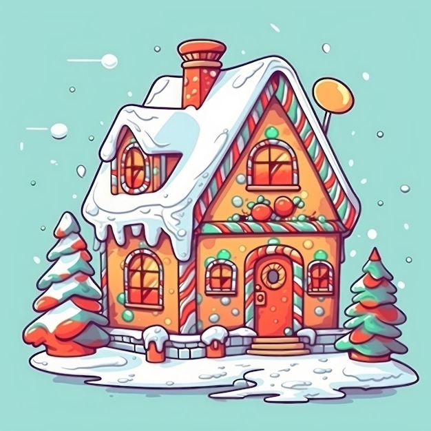 een huis met een met sneeuw bedekt dak en een boom op de achtergrond.