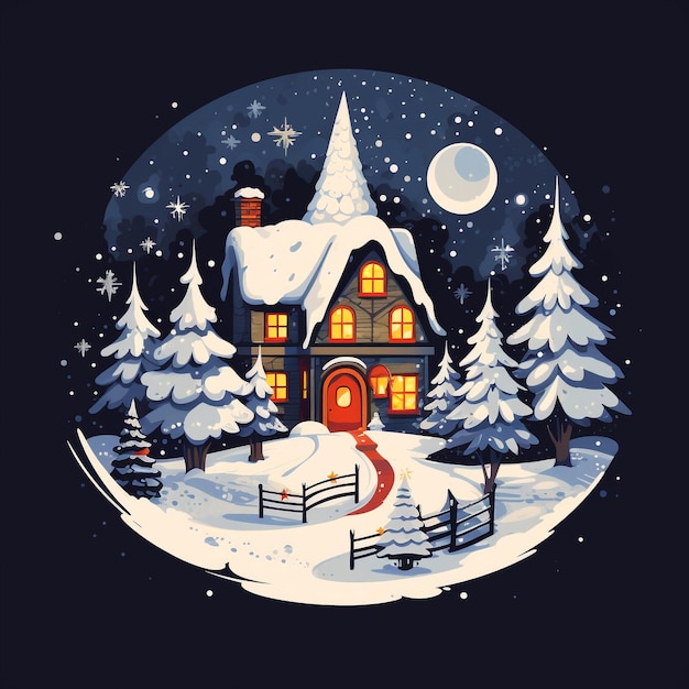 een huis met een rode deur en een met sneeuw bedekte boom