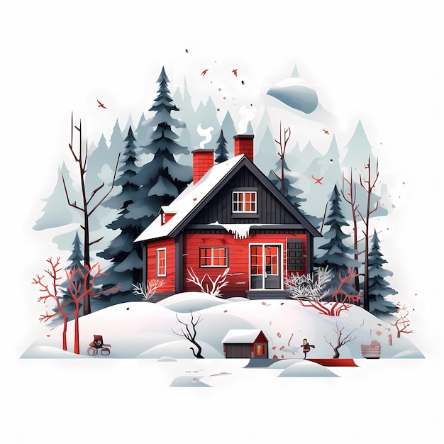 Een huis met een rood dak en een besneeuwd dak