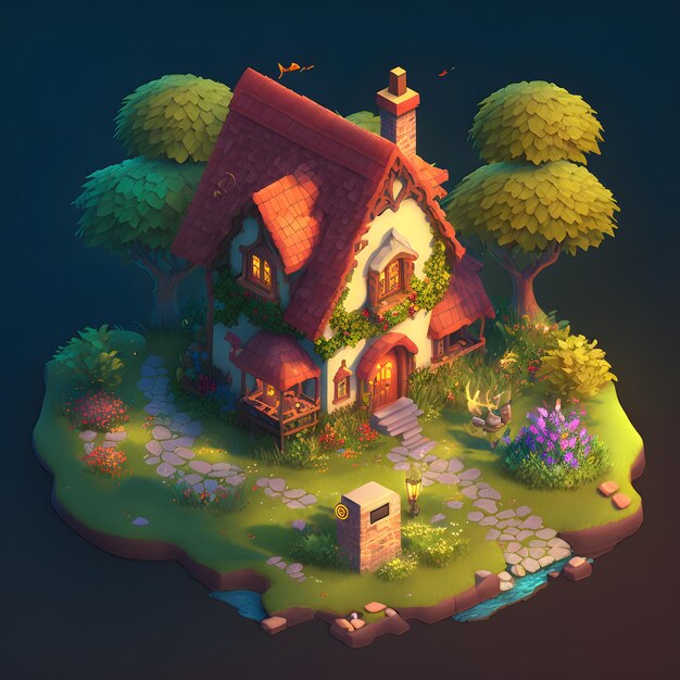 Een huis met een rood dak en een kleine boom ervoor