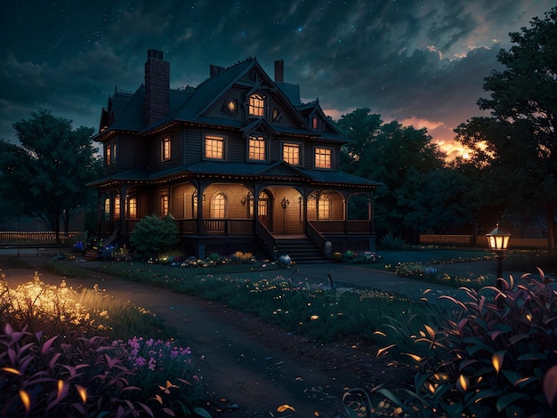 Een huis met een tuin op de voorgrond en een verlicht huis op de achtergrond.