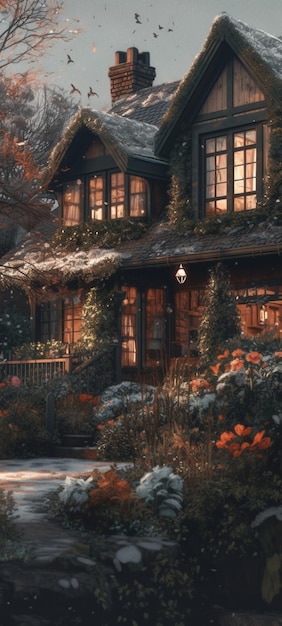 Een huis met een veranda en een veranda met bloemen aan de voorkant.