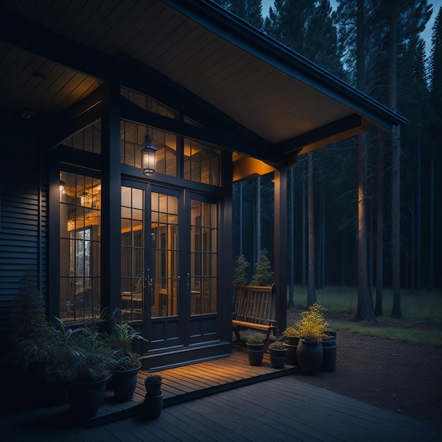 Foto een huis met een veranda met een bank en een lamp erop