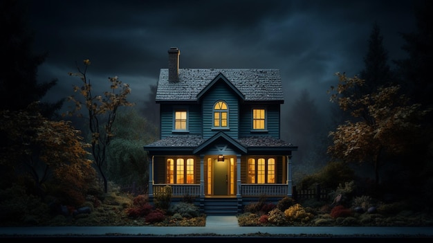 Foto een huis met een verlicht raam en een donkere achtergrond