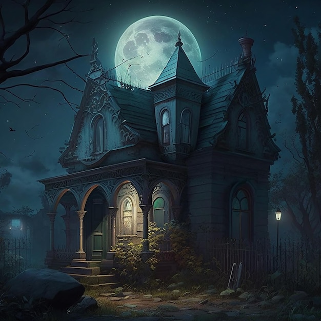 Een huis met een volle maan erachter