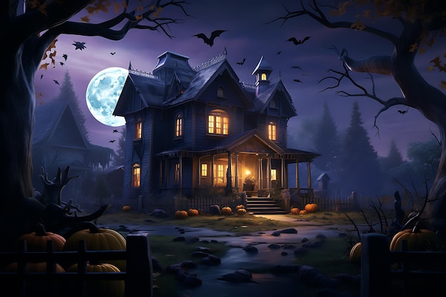 een huis met een volle maan op de achtergrond halloween-concept