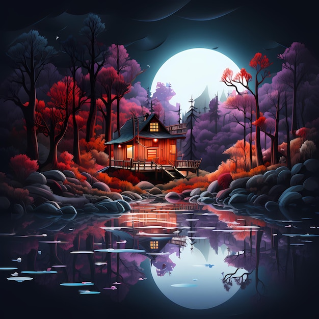 Een huis met een volle maan op de achtergrond