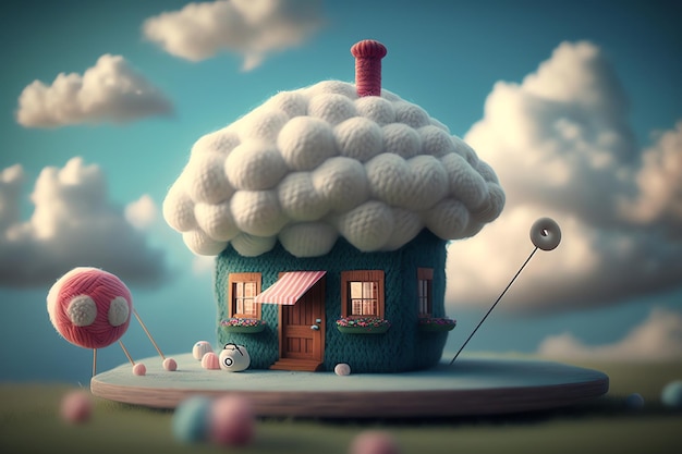 Een huis met een wit glazuur en een roze ballon in de lucht.