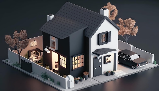 Een huis met een zwart dak en een wit huis met een zwart dak en een lamp op het dak.