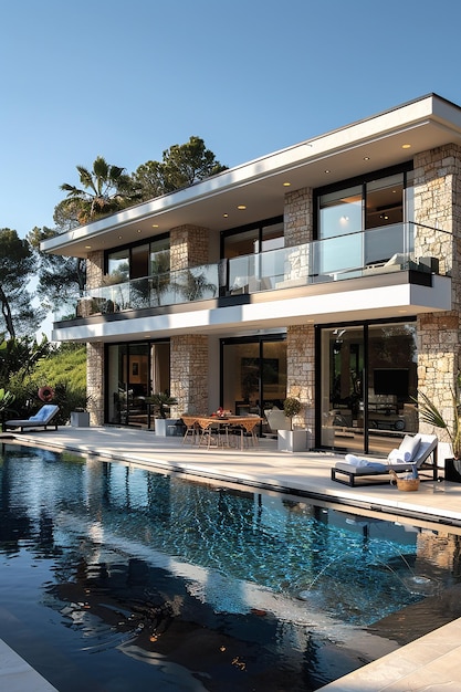Foto een huis met een zwembad en een pool met uitzicht op het zwembad