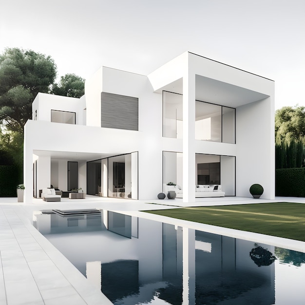 Een huis met een zwembad in de tuin en een huis met een groot raam en een wit huis