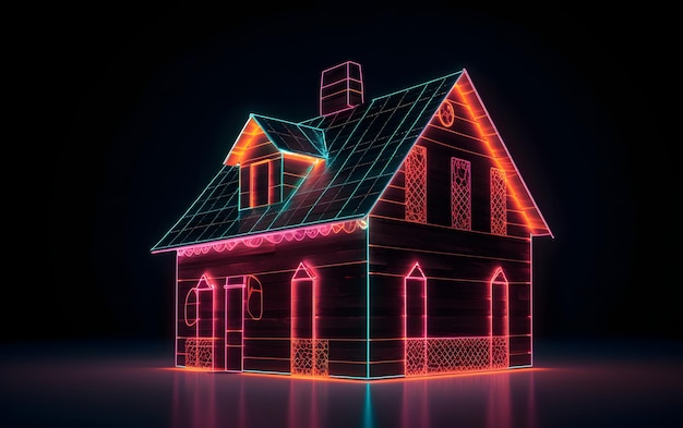 Een huis met neonlichten en een huis op de bodem.