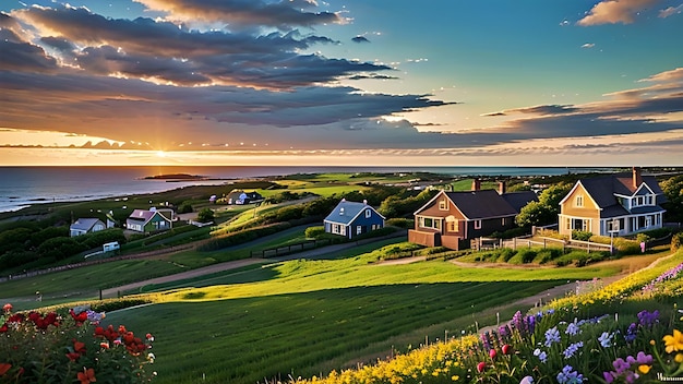 Foto een huis met uitzicht op de oceaan en bloemen