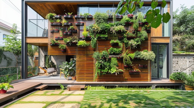 een huis met veel planten op de muur