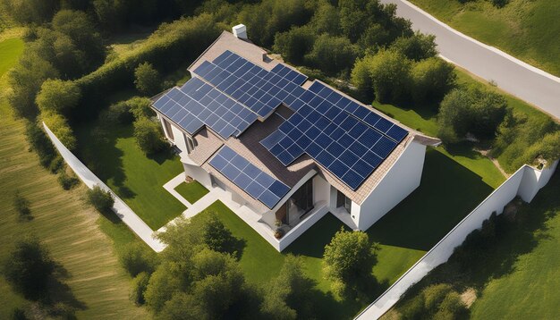 een huis met zonnepanelen op het dak en een oprit