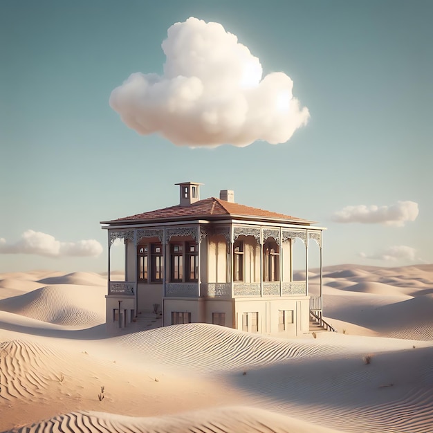 Een huis midden in de woestijn met wolken erboven