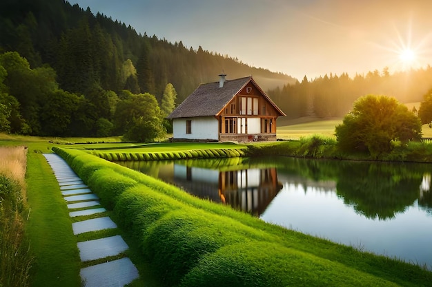 Een huis op een groen veld met een meer op de achtergrond
