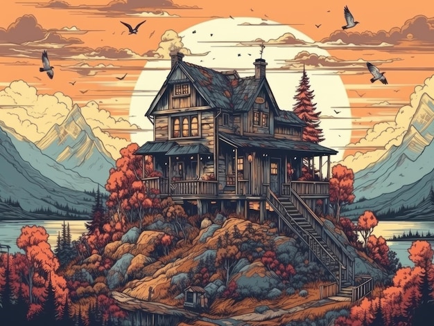 Een huis op een heuvel met bergen op de achtergrond