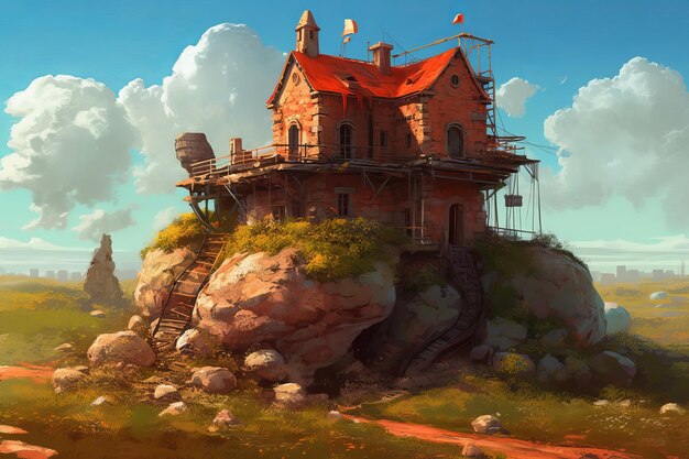 Een huis op een heuvel met een rood dak en een ladder erop.