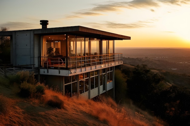 Een huis op een heuvel met een zonsondergang op de achtergrond