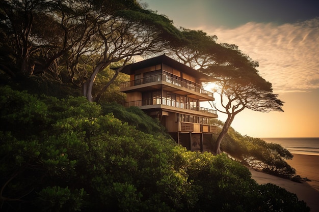 Een huis op een heuvel met een zonsondergang op de achtergrond