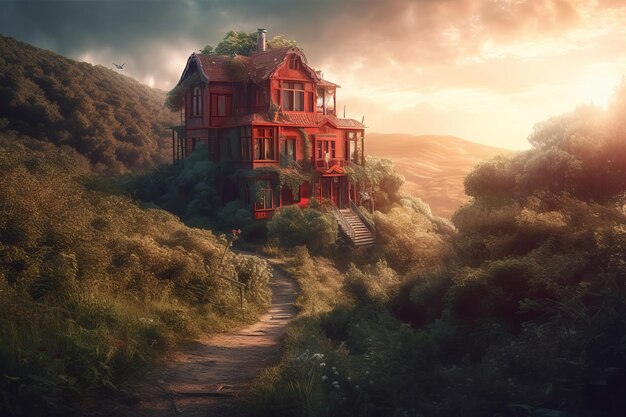 Een huis op een heuvel met een zonsondergang op de achtergrond