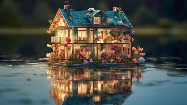 Een huis op een klein eiland met bloemen erop.