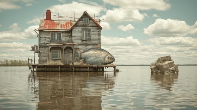 Een huis op een klein eiland met een te grote vis in het water.