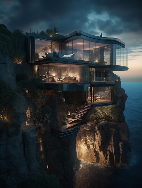 Een huis op een klif bij nacht met uitzicht op de oceaan.