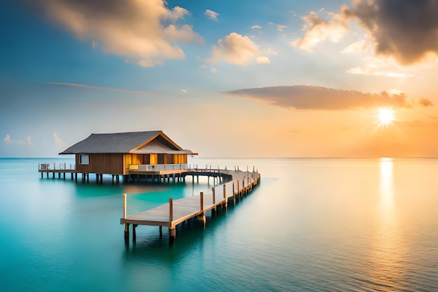 Een huis op een pier met een zonsondergang op de achtergrond