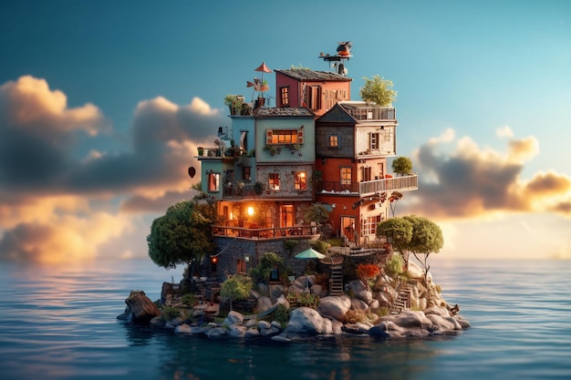 Een huis op een rots in de oceaan