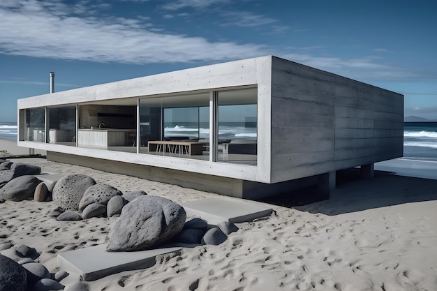 Een huis op het strand met een grote betonnen structuur en een blauwe lucht.