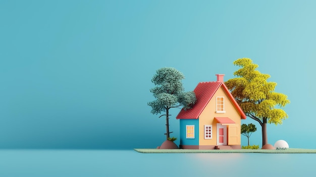 een huis op het water met bomen en een blauwe lucht achtergrond