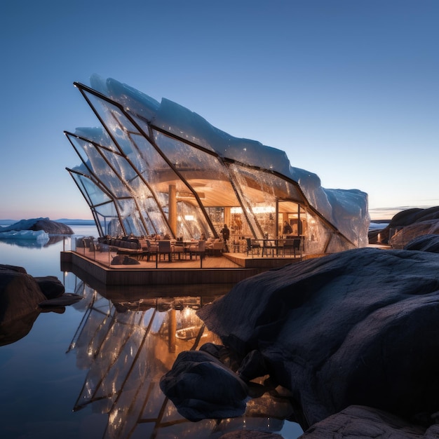 Een huis van de toekomst gebouwd in een ijsberg in Anarctica Toekomstig leven innovatief huis binnen de antarctische ijsberg duurzaam ontwerp en isolatie in de bevroren wildernis