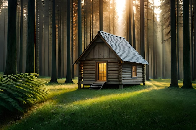 Een huisje in een bos waar de zon door de bomen schijnt.