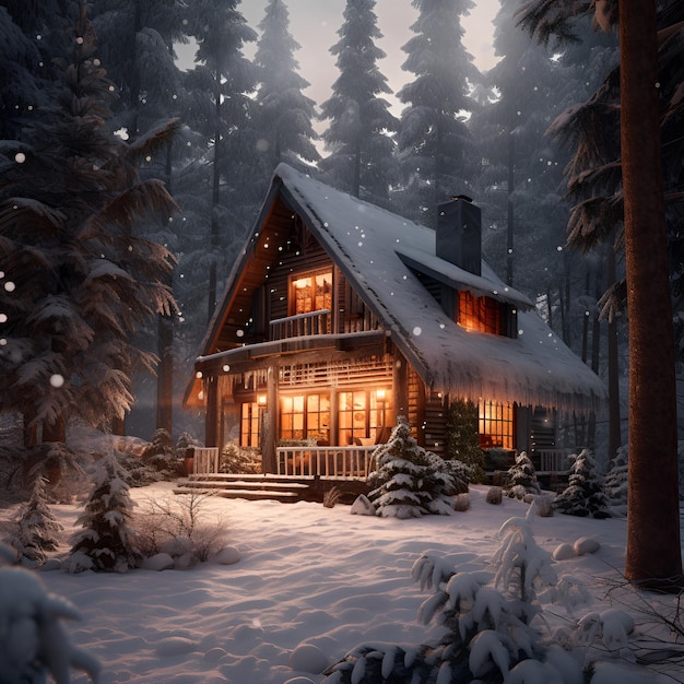 Een huisje in het bos met de sneeuw op het dak
