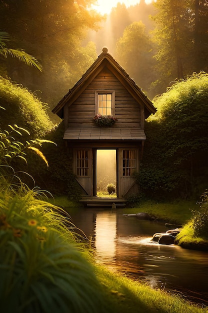 Een huisje in het bos met de zon op de deur