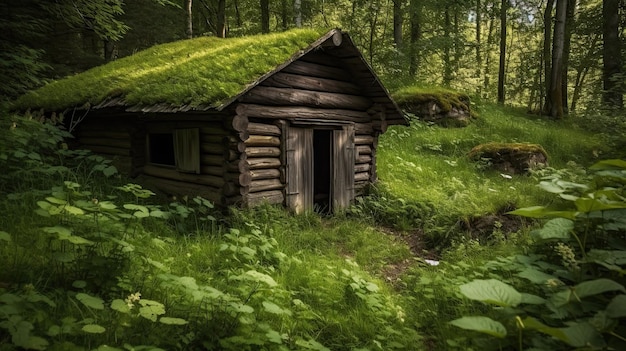 Een huisje in het bos met groen gras op het dak.