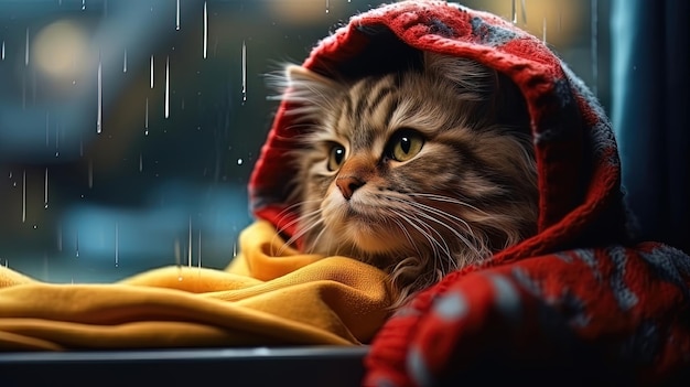 Een huiskat kijkt uit het raam naar de regen in een warme gebreide deken Generative AI