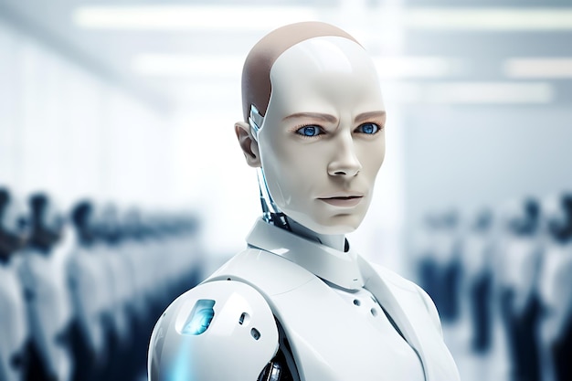 Een humanoïde robot met een mannelijk gezicht in staat om menselijke emoties te tonen Horizontale foto