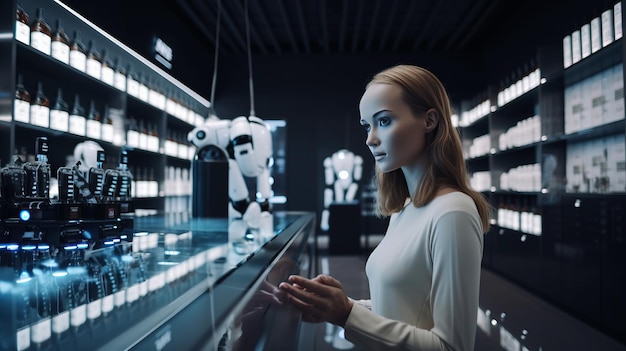 Een humanoïde slimme vrouwelijke robot die in de farmaceutische industrie werkt.