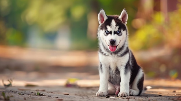 Foto een husky hond met blauwe ogen en een zwarte neus zit op een onverharde weg