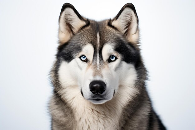 een husky hond met blauwe ogen kijkt naar de camera
