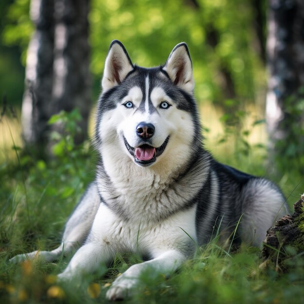 een husky hond met blauwe ogen zit in het gras