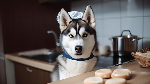 Een husky-hond met een hoed op staat voor een toonbank met donuts.