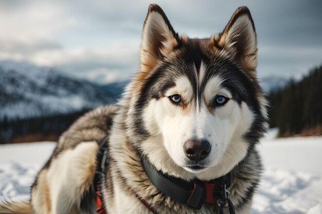 een husky hond met een rode kraag in de sneeuw achtergrond
