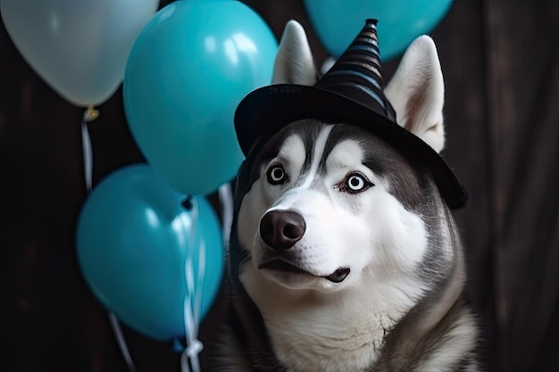 Een husky hond met hoeden en ballonnen in de stijl van fotorealistische pastiche fotorealistische generatieve AI