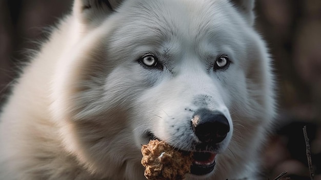 Een husky hond met iets lekkers in zijn bek