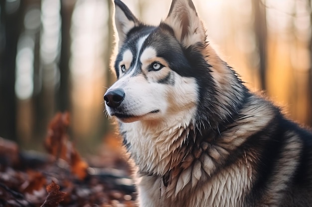 Een husky hond op een natuurlijke achtergrond Een hond op een wandeling in het park AI Generated