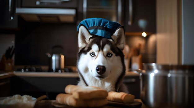 Een husky met een blauwe hoed op zit in een keuken met brood op het aanrecht.